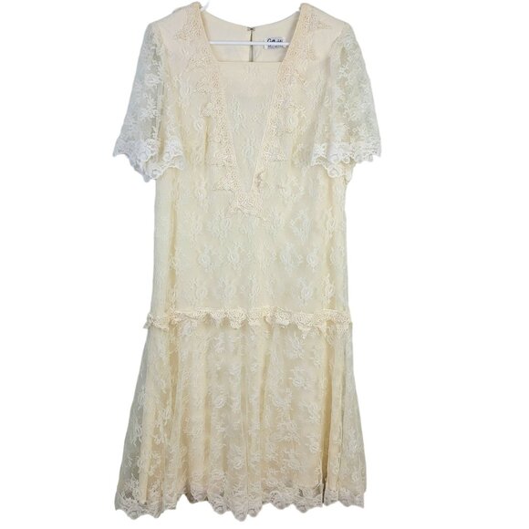 Vintage Dresses & Skirts - Vintage 80s Lace Midi Dress Women 12 Cream 20s Style Formal Wedding Retro Summer